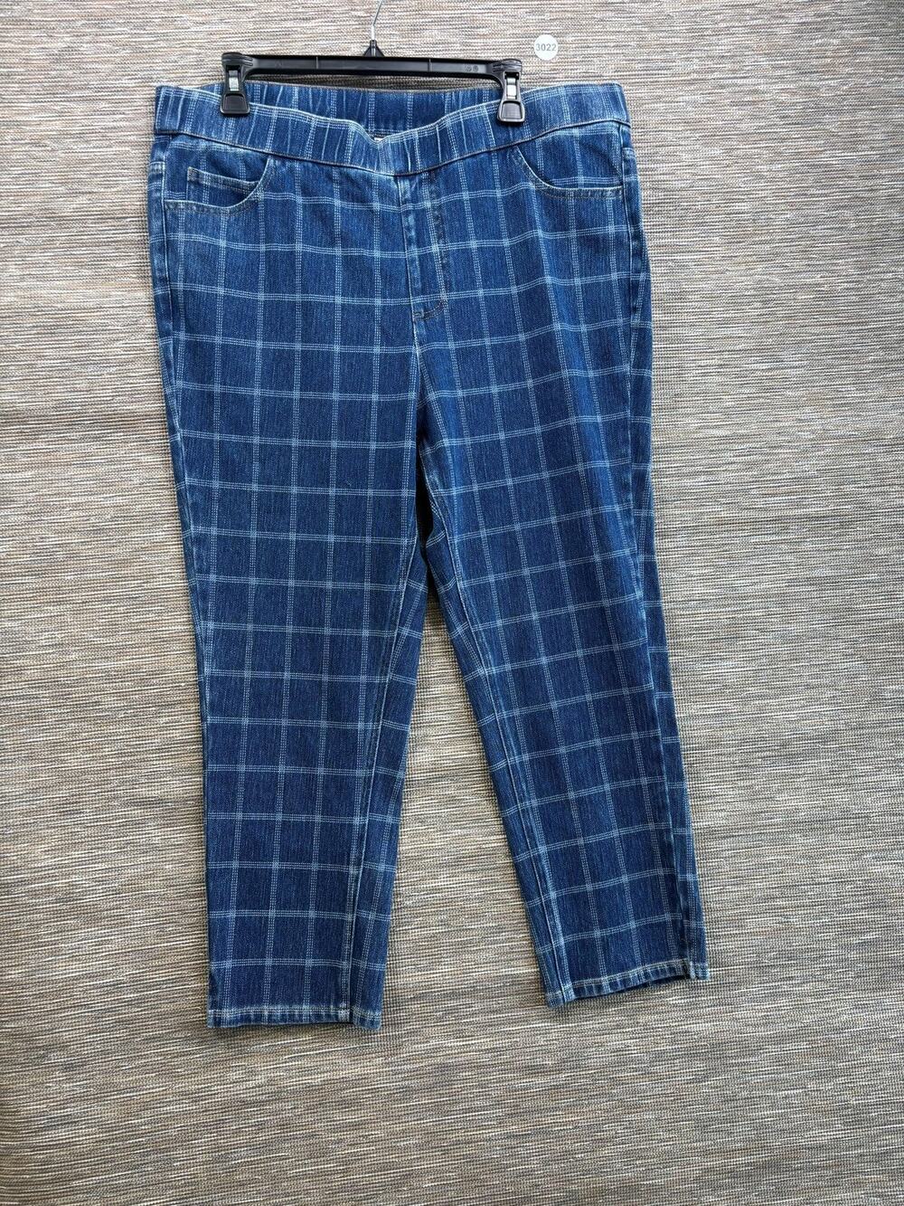 Isaac Mizrahi Live Jeans Womens 18W Blue Plaid High Rise Straight Stretch Denim
